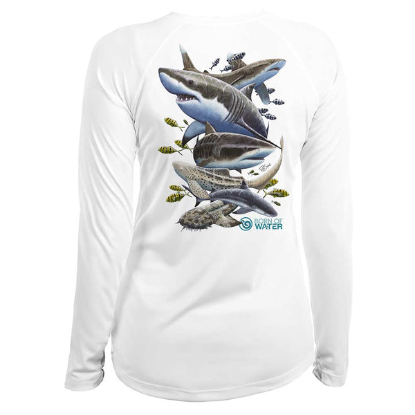 Misunderstood Beauty: Women's Shark Scuba Diving UV UPF 50+ Performance Shirt: White - Back