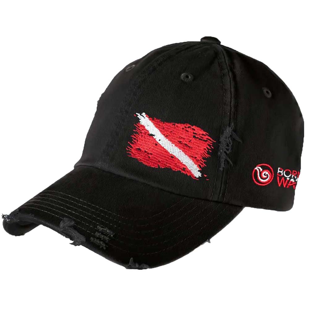 Scuba Diving Hat: Ripped Dive Flag Distressed Dad Hat - Black - Red Flag