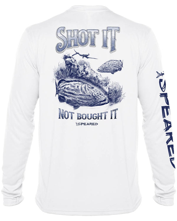Shot It Not Bought It Gag Grouper: Long Sleeve UV UPF 50+ Protection T-Shirt: White - Back