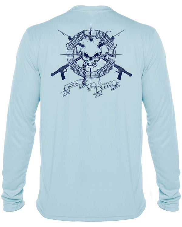 Skull & Spearguns: Spearfishing Shirt: Mens Long Sleeve UV UPF 50+ Protection T-Shirt: Lt Blue - Back