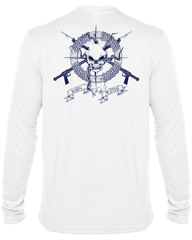 Skull & Spearguns: Spearfishing Shirt: Mens Long Sleeve UV UPF 50+ Protection T-Shirt: Gray - Back