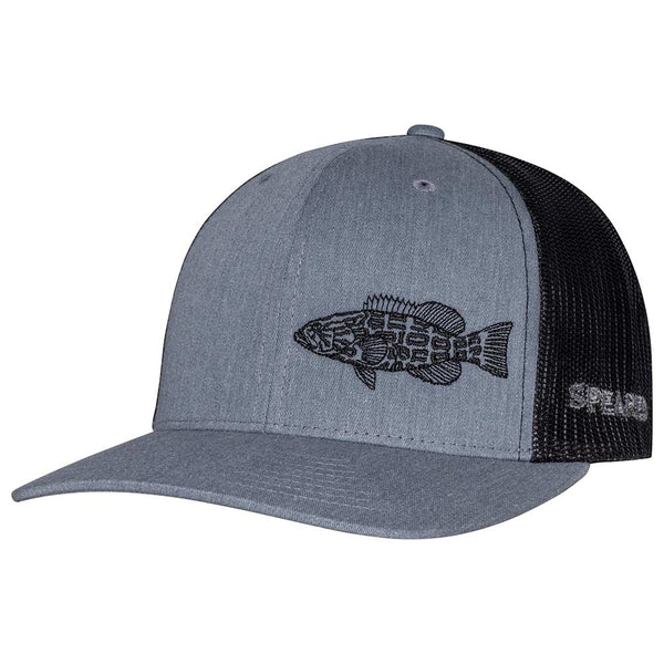 Speared Black Grouper Trucker Hat: Heather Gray/White