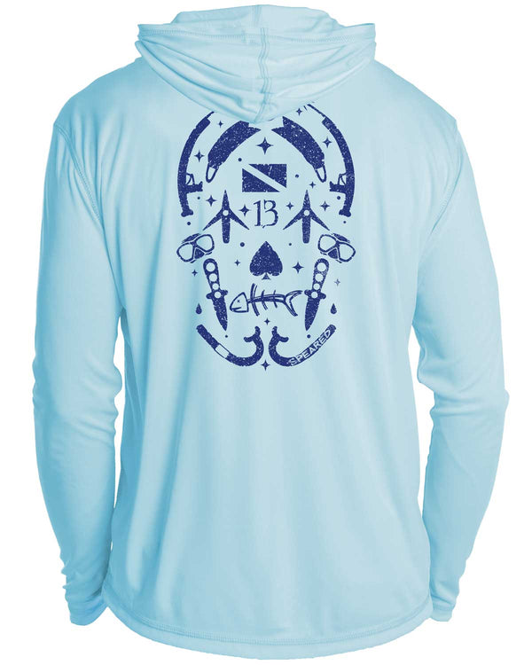 Gearhead Skull Spearfishing: UV UPF 50+ Sun Protection Hoodie Down: Lt Blue - Back