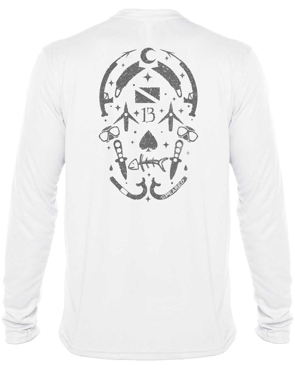 Gearhead Skull Spearfishing: UV UPF 50+ Sun Protection Shirt Down: White - Back