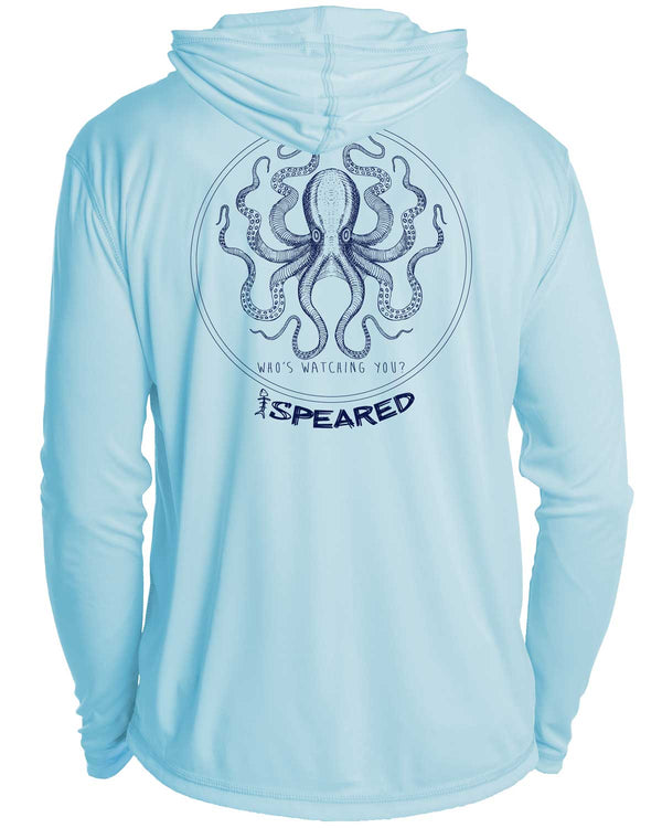 Kraken Spearfishing: UV UPF 50+ Sun Protection Hoodie Down: Lt Blue - Back