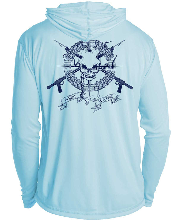 Skull & Spearguns: Spearfishing Shirt: Mens Long Sleeve UV UPF 50+ Protection Hoodie Down: Lt Blue - Back