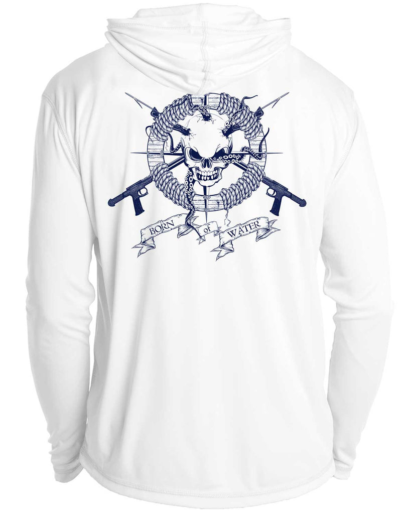 Skull & Spearguns: Spearfishing Shirt: Mens Long Sleeve UV UPF 50+ Protection Hoodie Down: White - Back