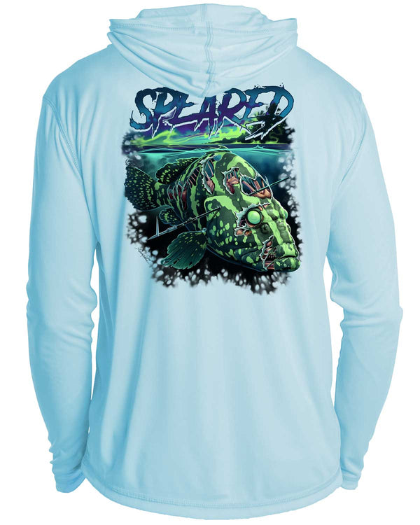 Zombie Grouper Spearfishing: UV UPF 50+ Sun Protection Hoodie Down: Lt. Blue - Back